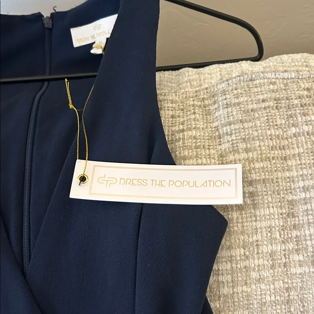 NWT- Dress the Population Navy Blue Sleeveless Faux Wrap Plunge Maxi Dress - Picture 5 of 9